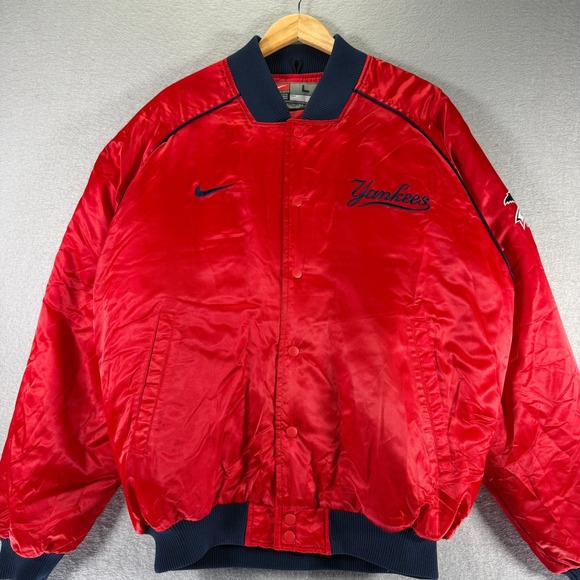 Vintage Nike New‎ York Yankees MLB Satin Bomber Jacket Red Mens Large Y2K